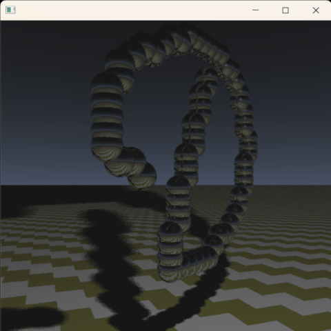 Gif of a rotating letter D made of spheres in 3D space