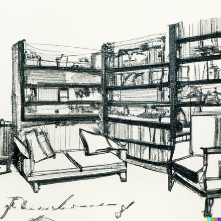 A book corner, with bookshelves and coaches, pencil drawing.