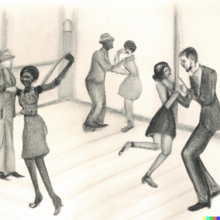 A group of people dancing lindy hop, pencil drawing.