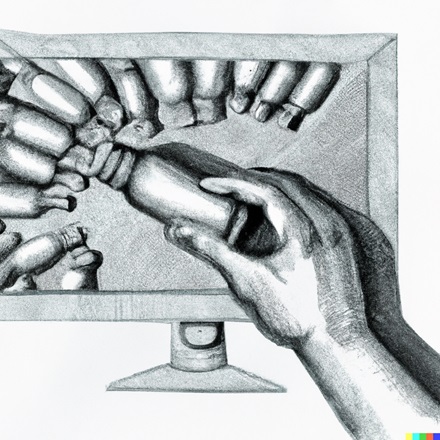 A hand, picking a bottle of drugs directly from the computer monitor, pencil drawing.