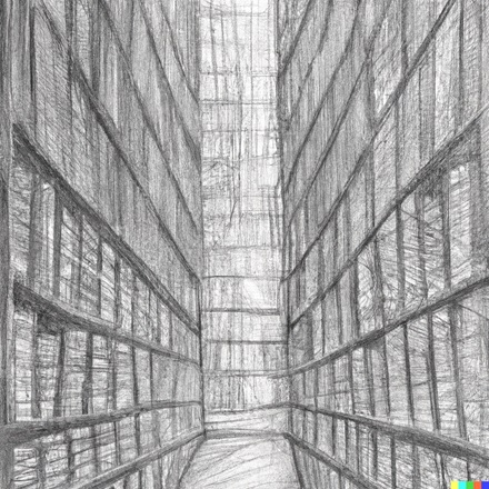 Library walls, stretching indefinitely up, pencil drawing.