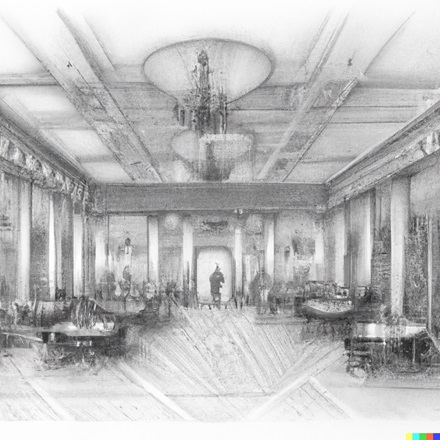 Salon ballroom, pencil drawing.