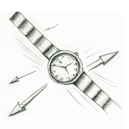 A wristwatch, with arrows pulling it in different directions, pencil drawing.