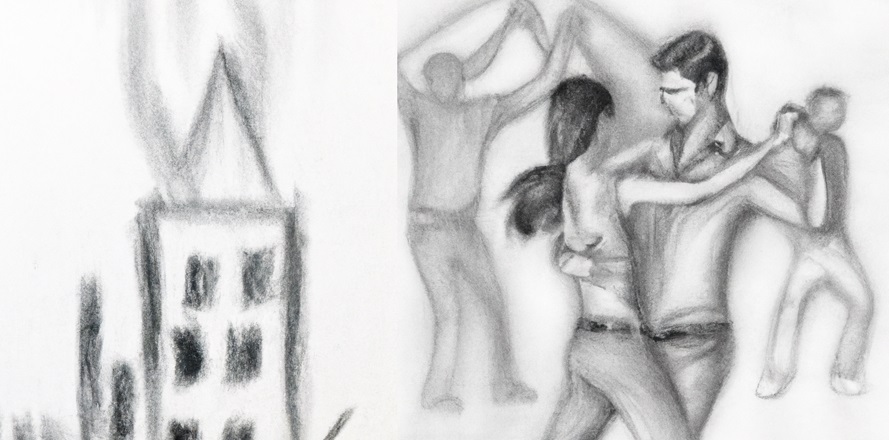 People dancing next to the world on fire, pencil drawing.