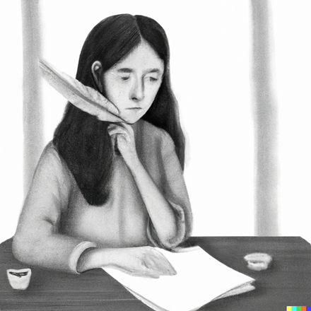 A person with a quill in front of a paper sheet, pencil drawing.