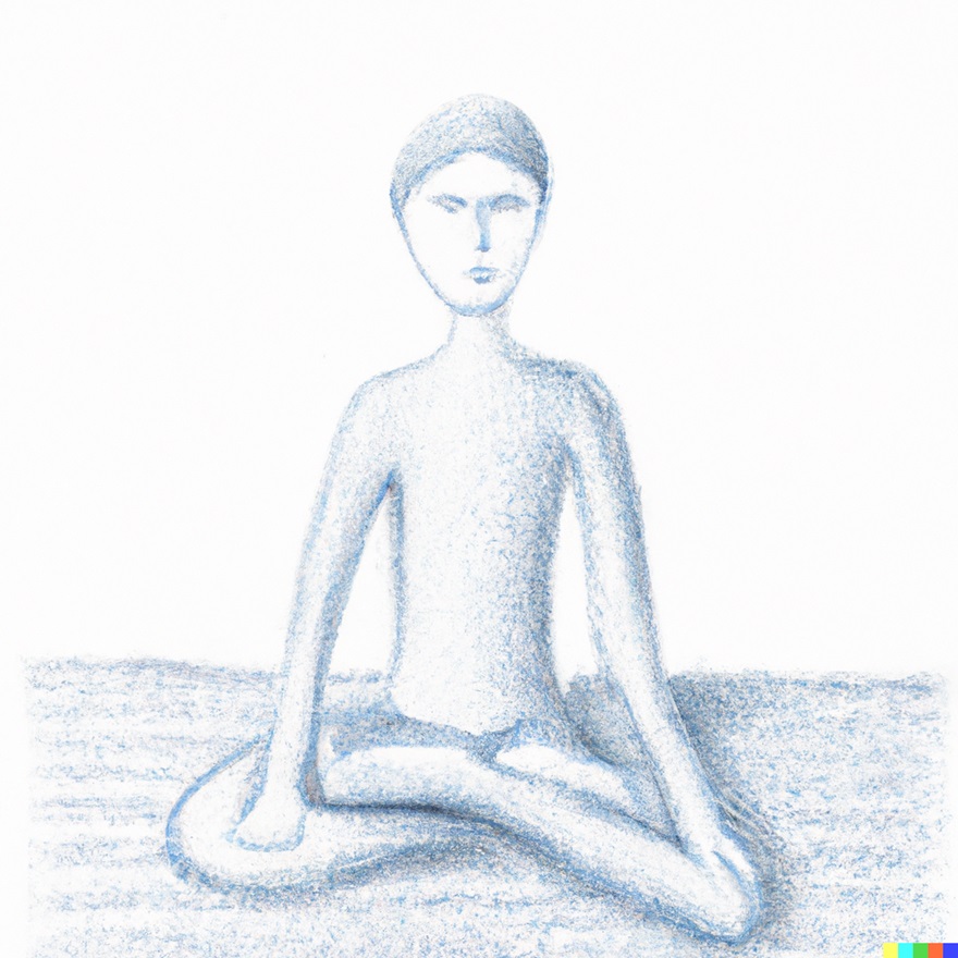 A person in yoga lotus position, meditating, pencil drawing.