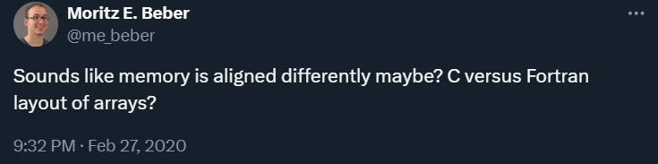 Suggestion by Moritz: Sounds like memory is aligned differently maybe? C versus Fortran layout of arrays?