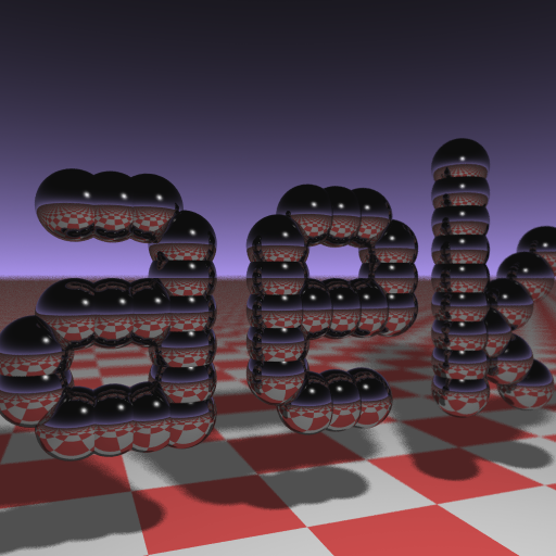 Result of rendering, showing author's initials, 'aek', made of spheres in 3D space